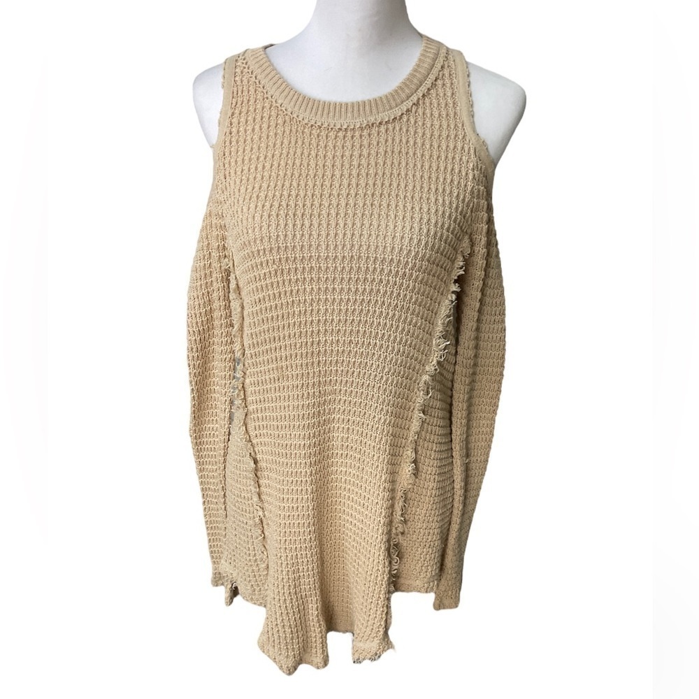 Saks Fifth Avenue Women Beige Knit Cold Shoulder Sweater 100% Cotton Top XS (E2)
